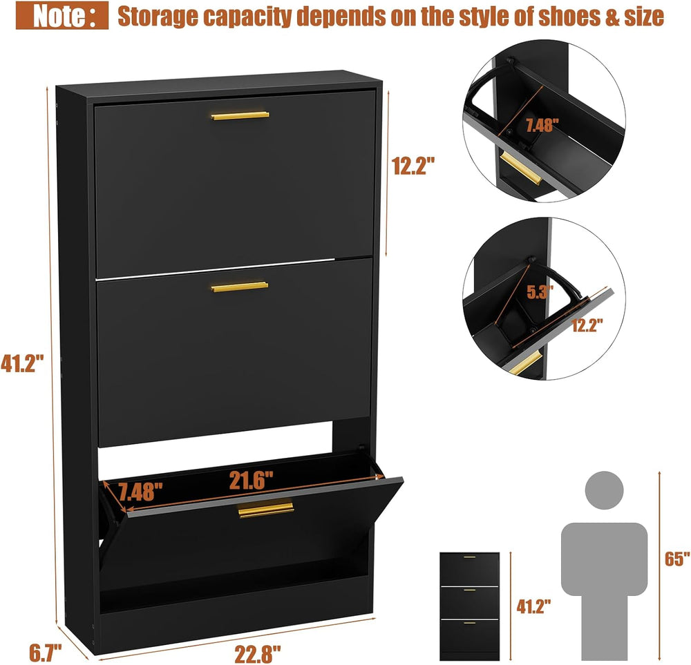 JOZZBY Modern Shoe Cabinet Storage with 3 Flip Drawers, Black丨Slim Freestandi...