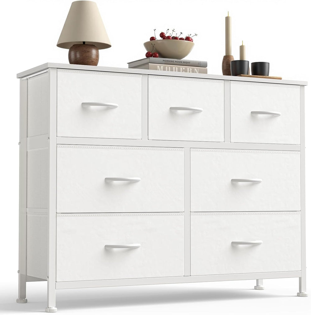 Sweetcrispy 7 Drawer Dresser for Bedroom Storage with Fabric Bins, White