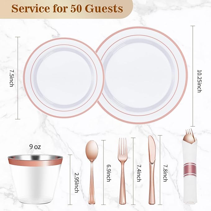 BESTVIP 175PCS Rose Gold Plastic Dinnerware Set, Disposable Party Plates for ...