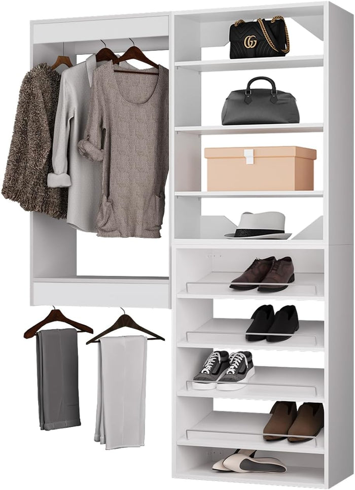 ROOMTEC Modular Closet System, 55" Wall Mounted Closet Organizer with Hanging Rods and Shoe Shelf, Wooden Tower for Walk-In Closets, Wardrobe Storage Kit, White