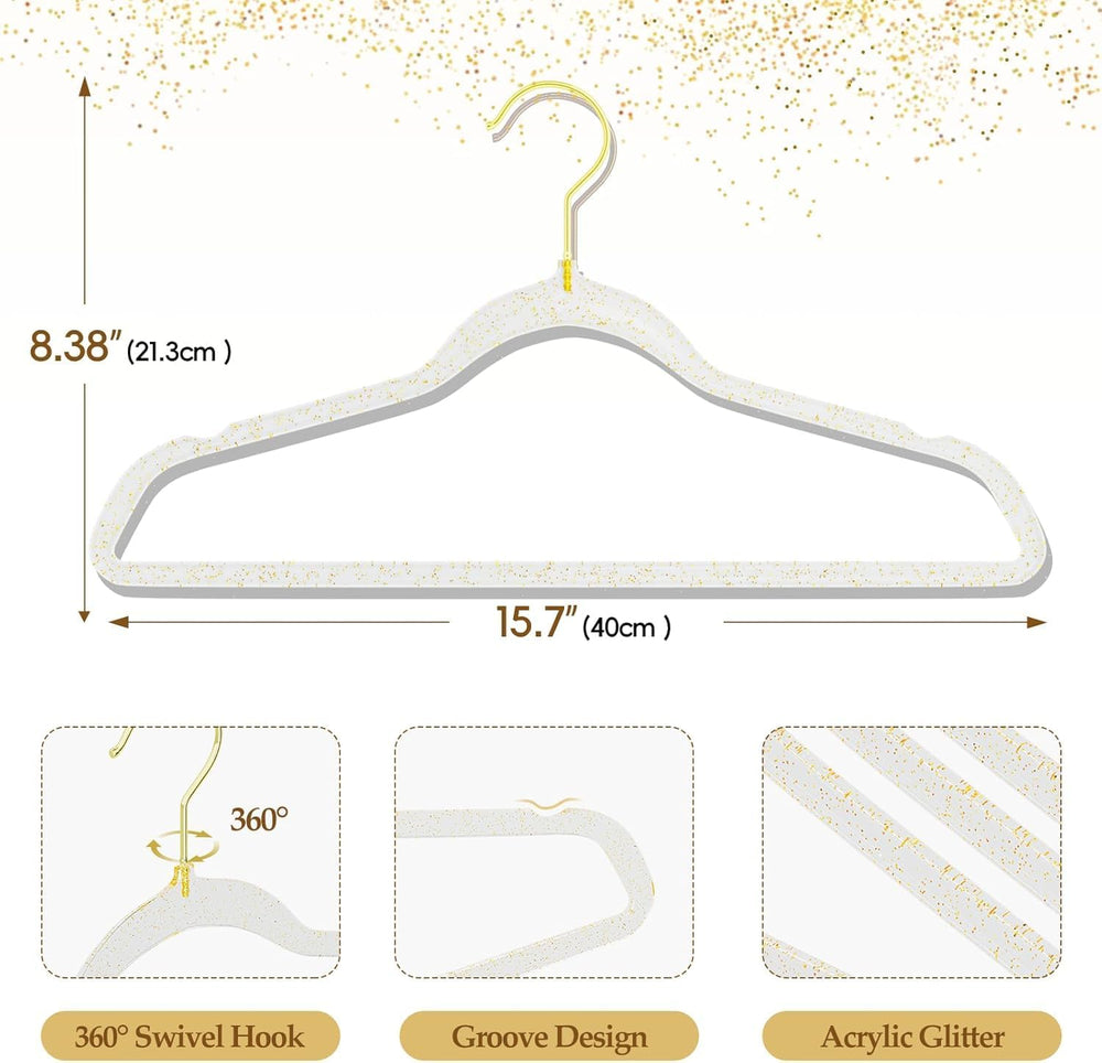 100 Pack Clear Acrylic Hangers with Gold Glitter, Space Saving