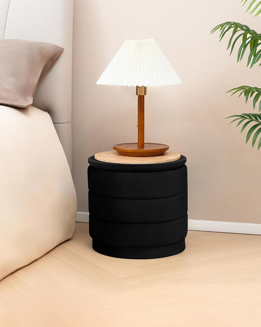 B FSOBEIIALEO 15.4" Round Velvet Storage Ottoman with Tray, Black