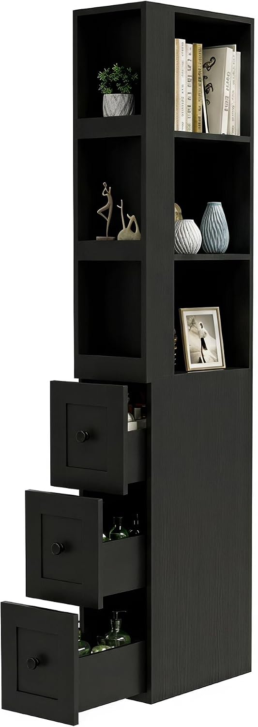 LAUSAINT HOME Tall Slim Storage Cabinet with 3 Drawers & Open Shelves, Na...