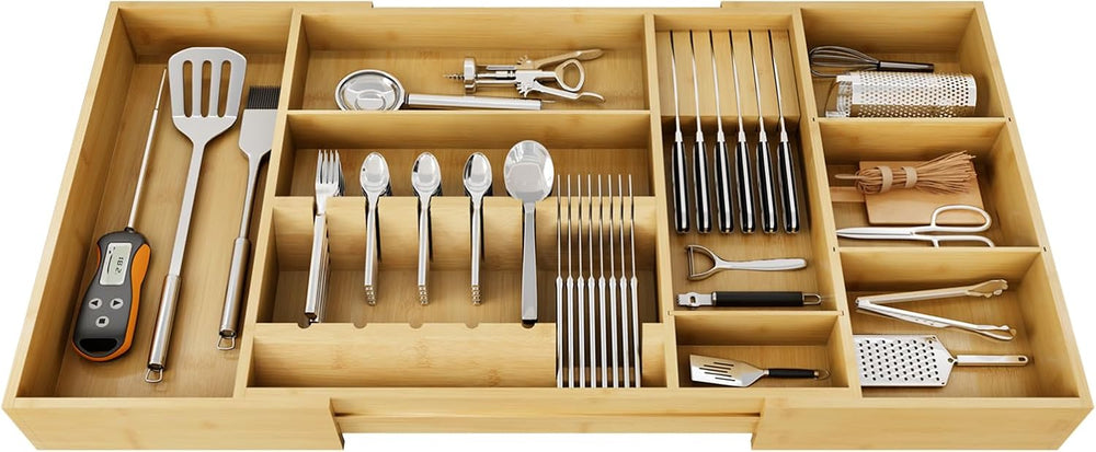 Bamboo Silverware Drawer Organizer, 17.72-29.53 Inch Expandable Large Kitchen...
