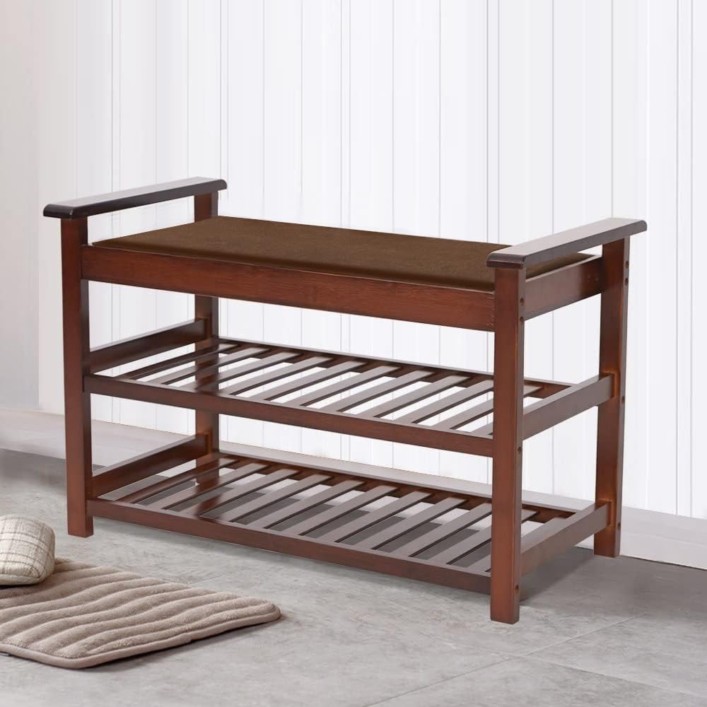 3-Tier Bamboo Shoe Bench, Brown, 30"(L) x 18.9"(H) x 14.5"(W)