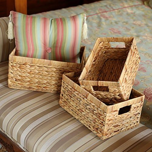 Storage Baskets,Woven Natural Water hyacinth Box with Handle,Kingwillow.(Set ...