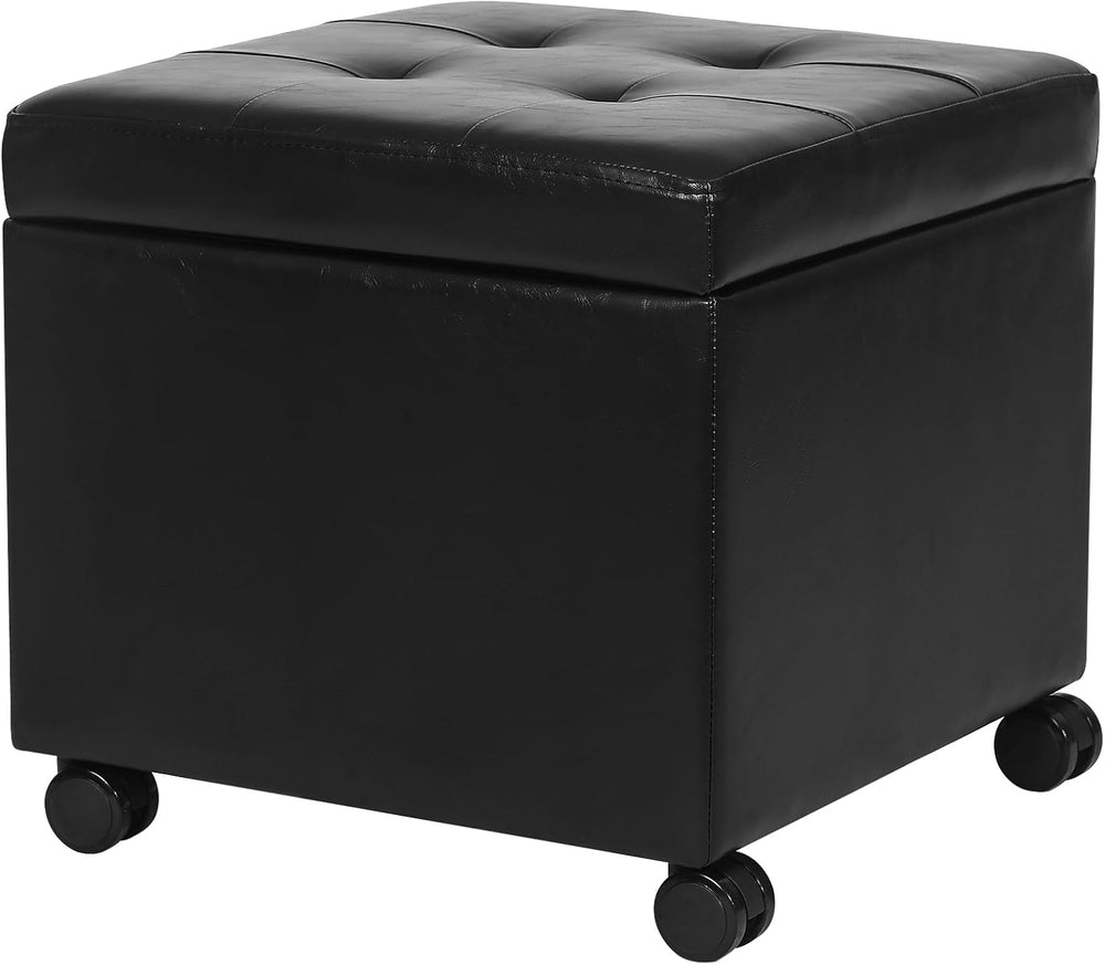 17.7" Square Ottoman with Storage Leather Ottoman with Wheels