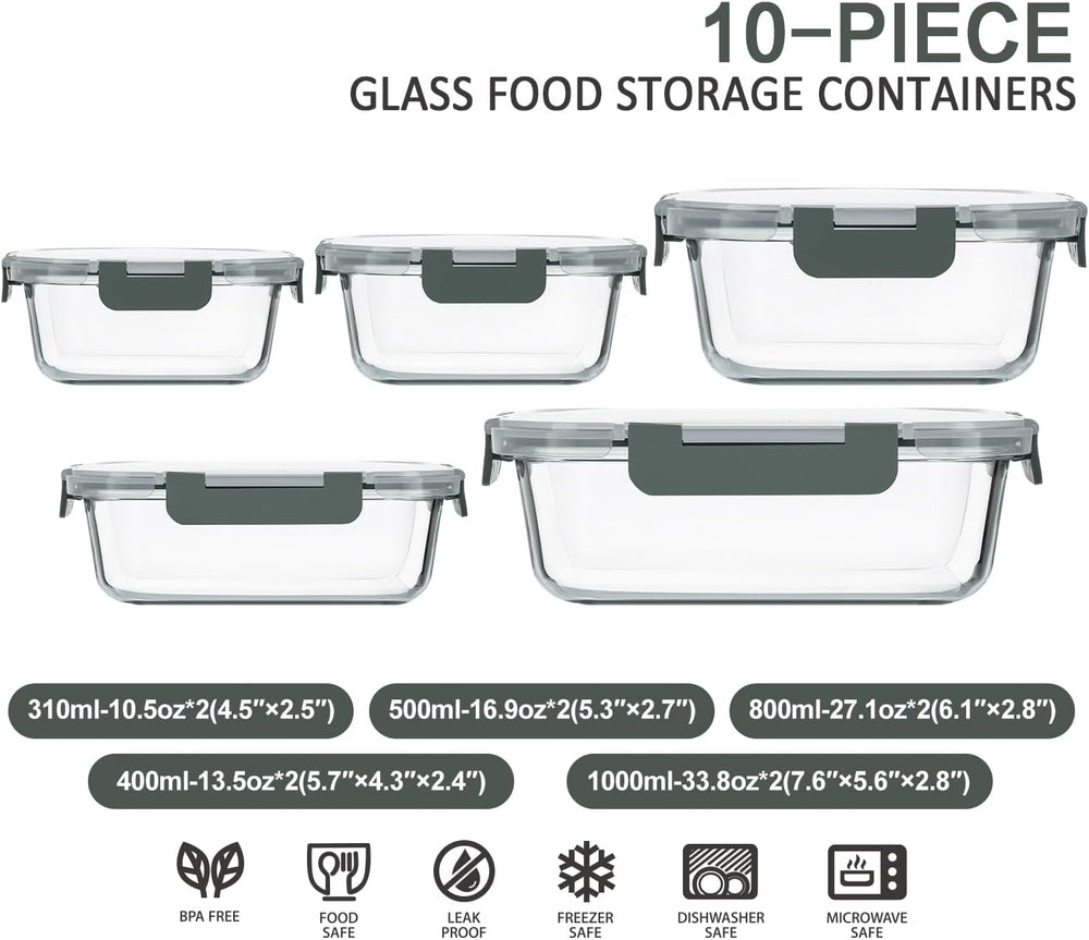 M MCIRCO 10 Pack Glass Food Storage Container with Lids,Gray