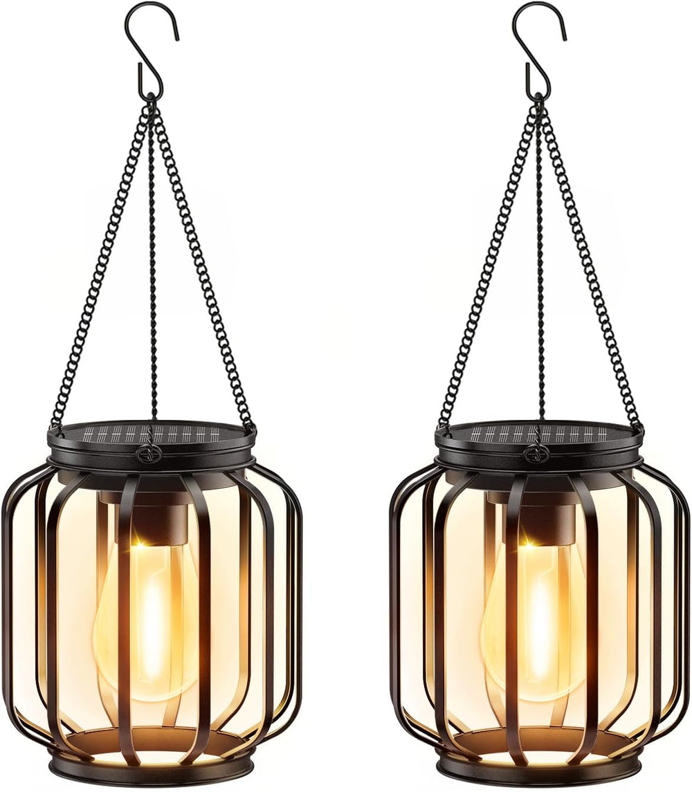 Solar Hanging Lanterns Outdoor: 2 Pack Metal Solar Hanging Lights with Hook, ...