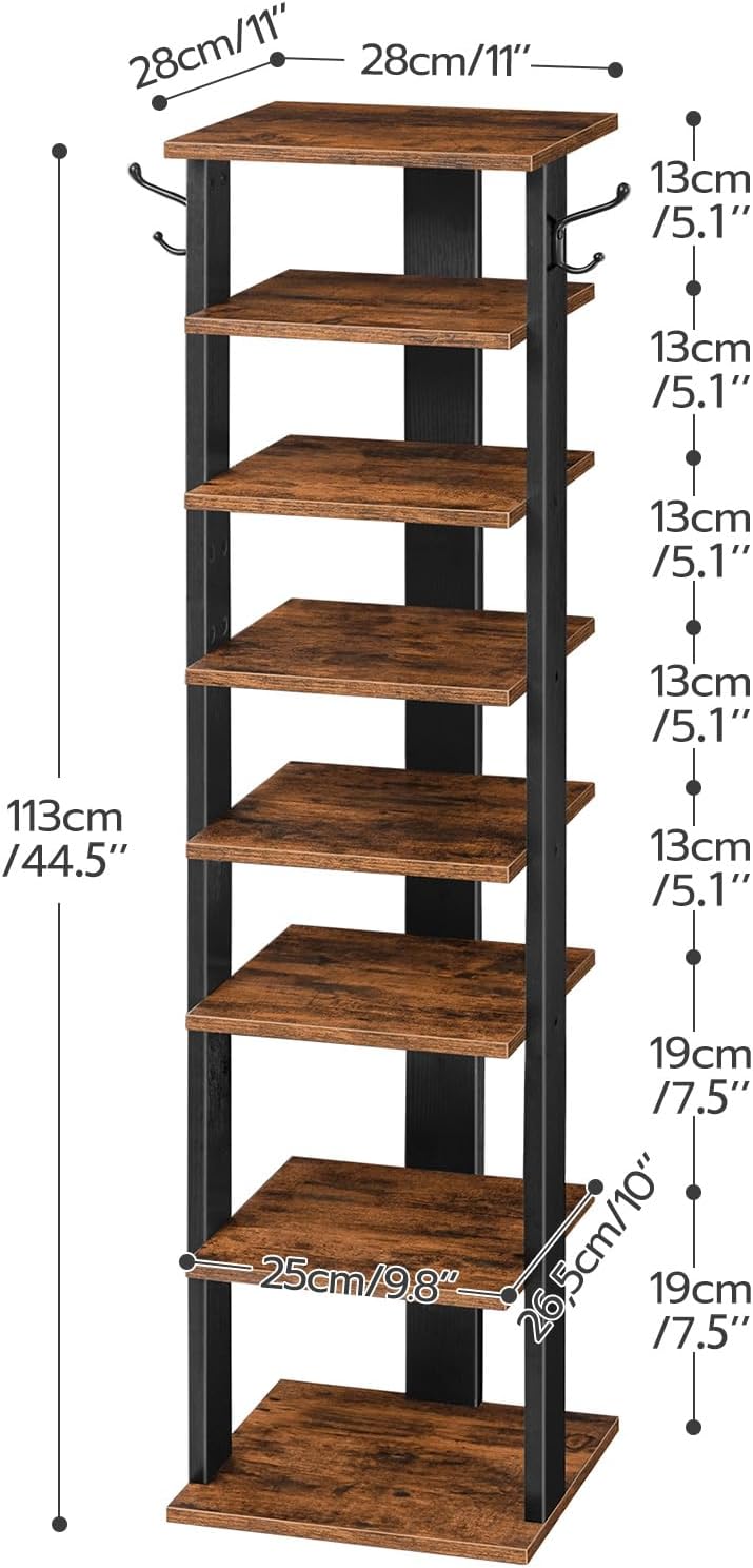 HOOBRO 8 Tiers Vertical Shoe Rack, Wooden Shoe Storage Organizer with Hooks, ...