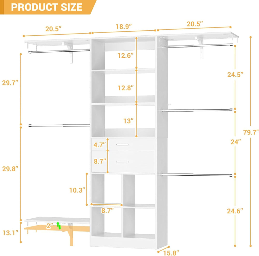 5FT Closet Organizer System with Wooden Drawers, 60 Inches Walk In Closet Sys...