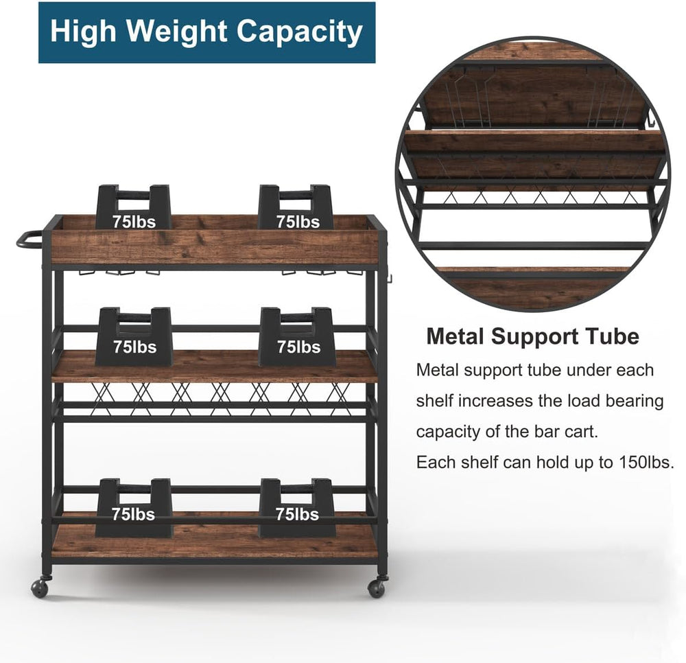 Rolling Bar Cart on Wheels for Home with Wine Rack, Glass Holder