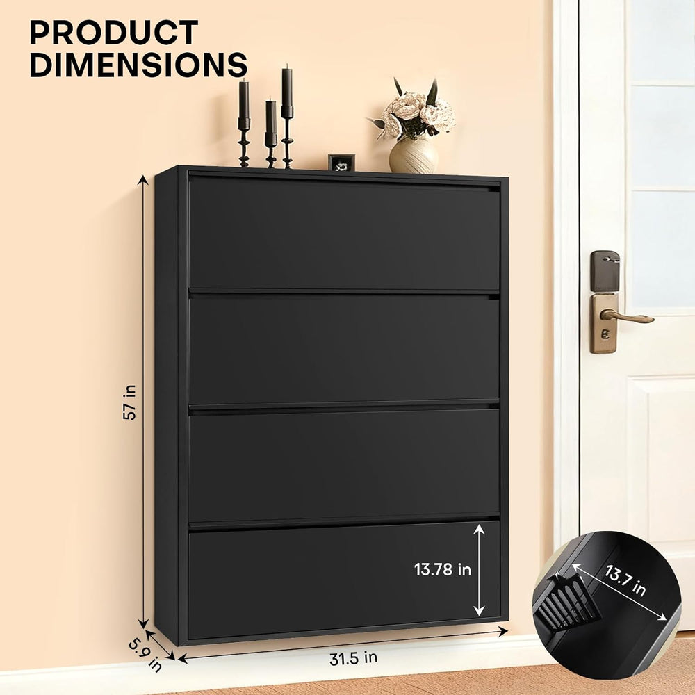 Shoe Storage Cabinet with 4 Flip Drawers, Hidden Slim Narrow Shoe Rack Cabine...