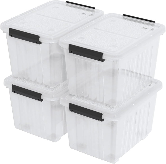 30 L Plastic Storage Bins with Wheels, Clear Latching Box, 4-Pack