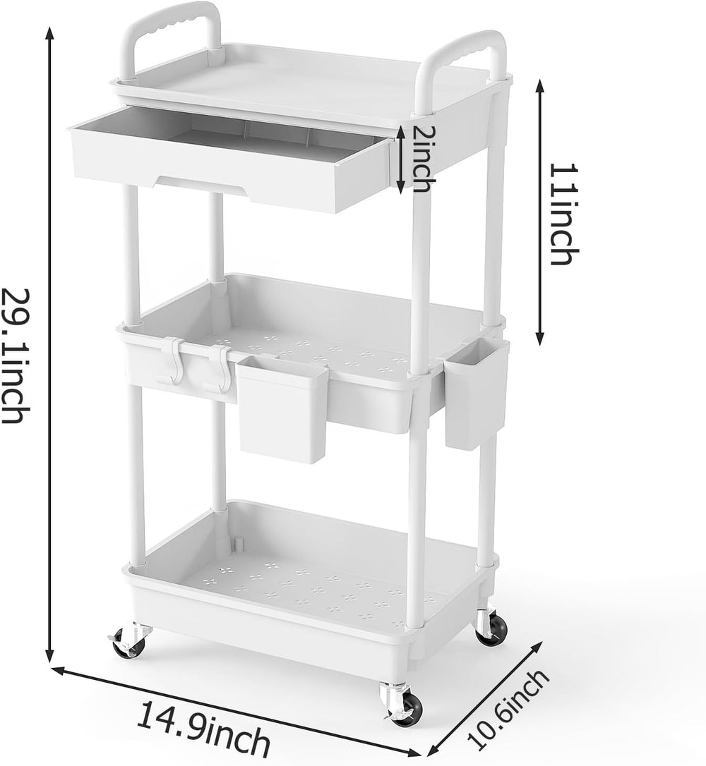 3 Tier Rolling Utility Cart with Drawer, Plastic Storage Organizer Rolling Ca...