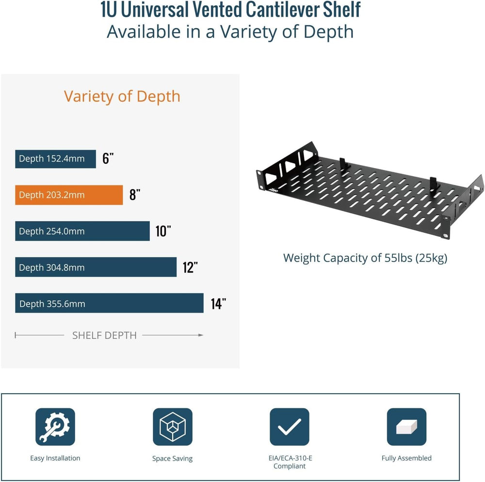 Tecmojo 1U Rack Shelf,19 inch Rack Shelf 8 inch Depth,Rack Mount Shelf with A...