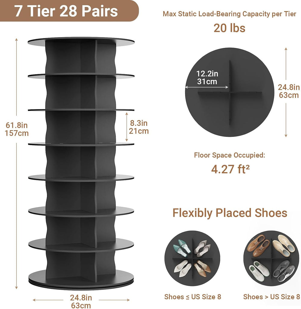 7-Tier Rotating Standing Shelf with Divider Shoe Rack Tower, Black