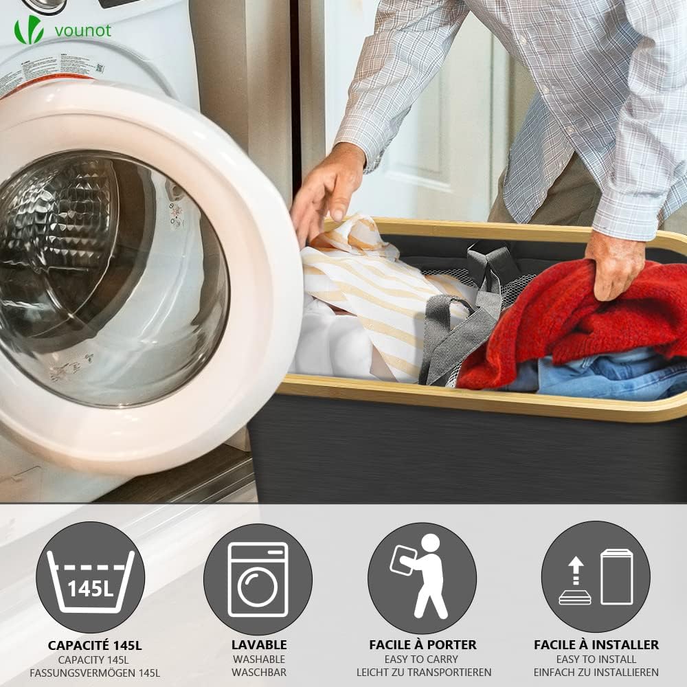 VOUNOT Foldable Laundry Basket 145L with Lid Handles, Collapsible Linen Baske...