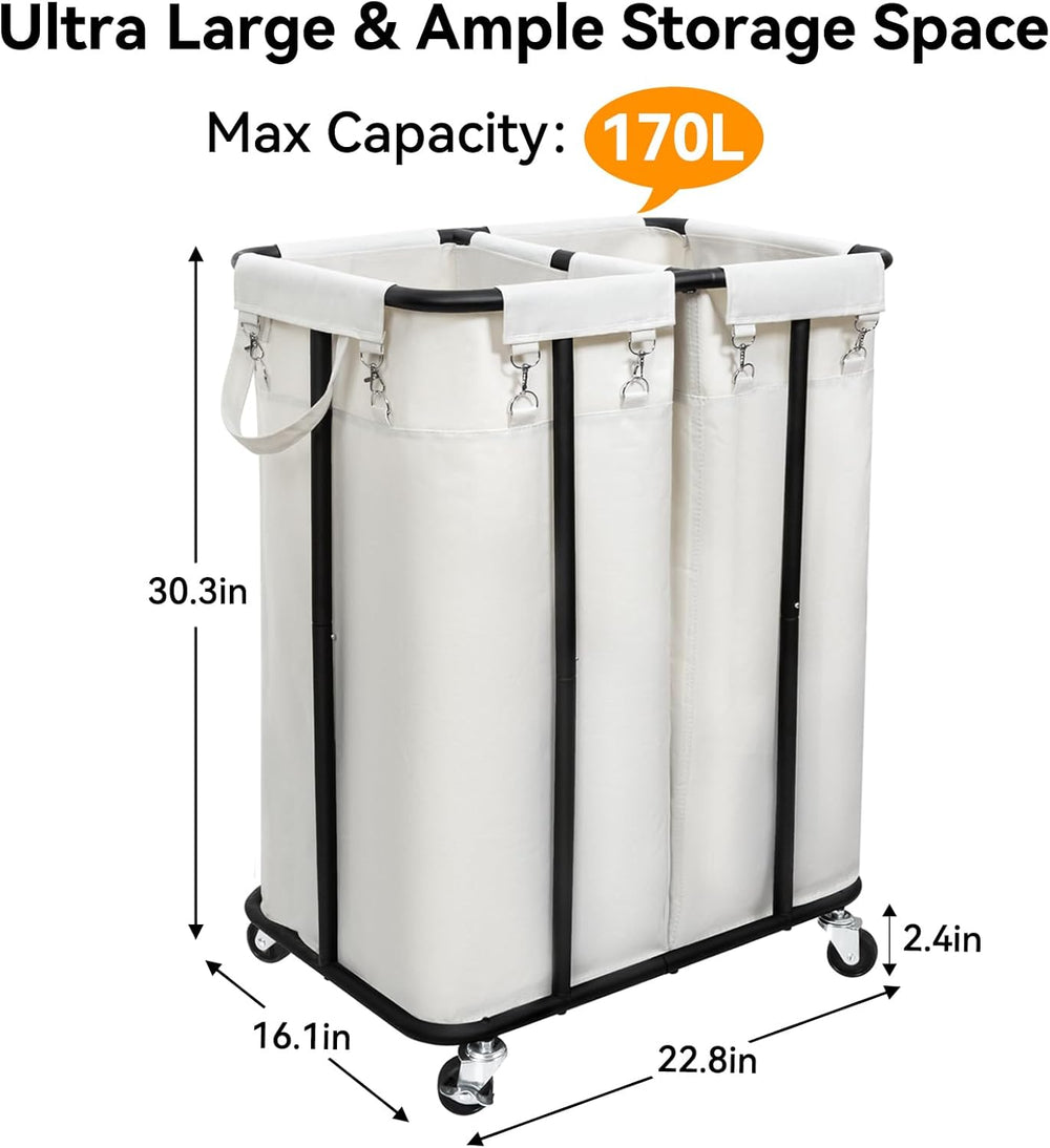 WOWLIVE Double Laundry Hamper with Wheels, 170L Rolling Laundry Basket
