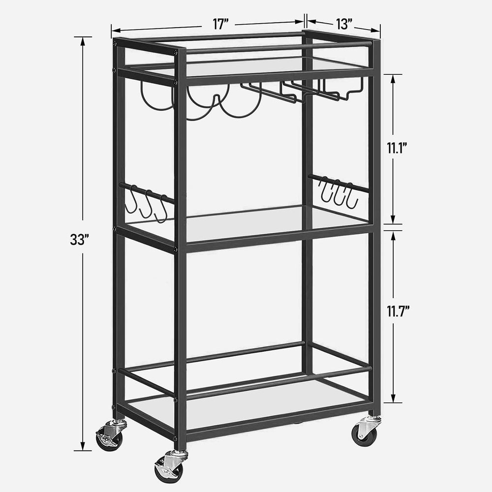 TUTOTAK Bar Cart with 3 Mirrored Shelves, Wine Rack & Glass Holder