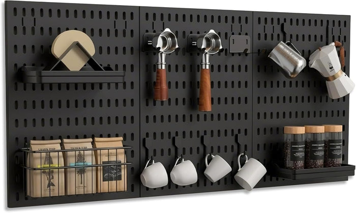 Coffee Pegboard Wall Storage Set – Wall-Mounted Coffee Mug Holder with Hooks, Cup Racks & Baskets– Home & Office Coffee Stations (Black)