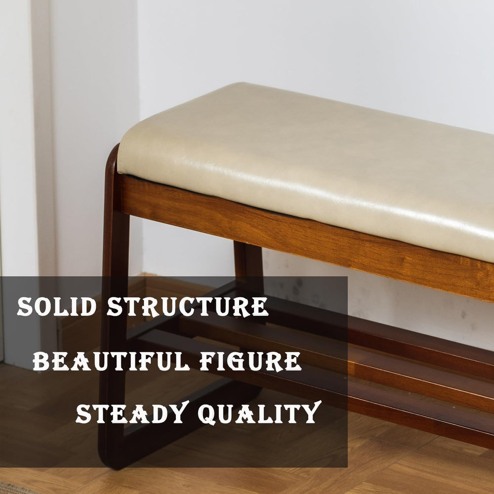 latifolia Solid Wood Bench, Entryway Shoe Bench with Cushion, 2 Tier Shoe Sto...