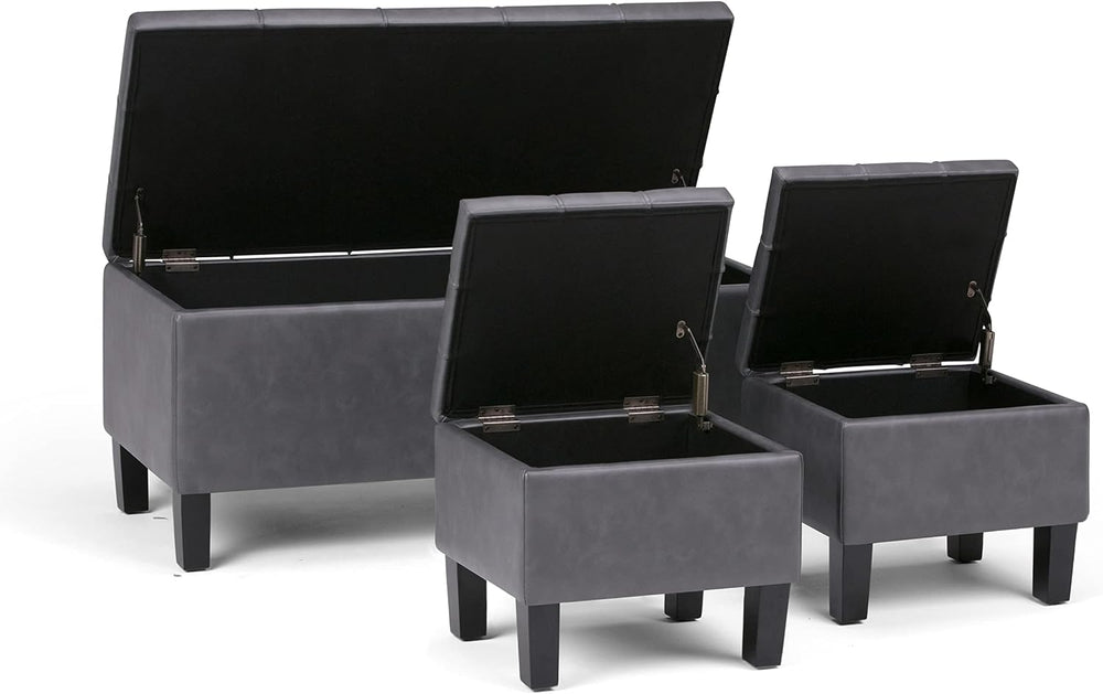 SIMPLIHOME Dover 44" Wide Vegan Leather Storage Ottoman in Grey (Set of 3)