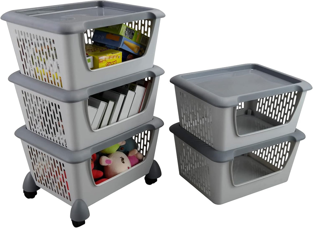 Cand 5-Pack Large Stackable Storage Bins, Plastic Stacking Baskets, Grey