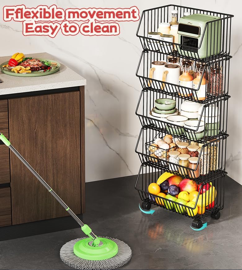 4 Tier Stackable Metal Wire Storage Baskets with Wheels, Fruit Vegetable Stor...