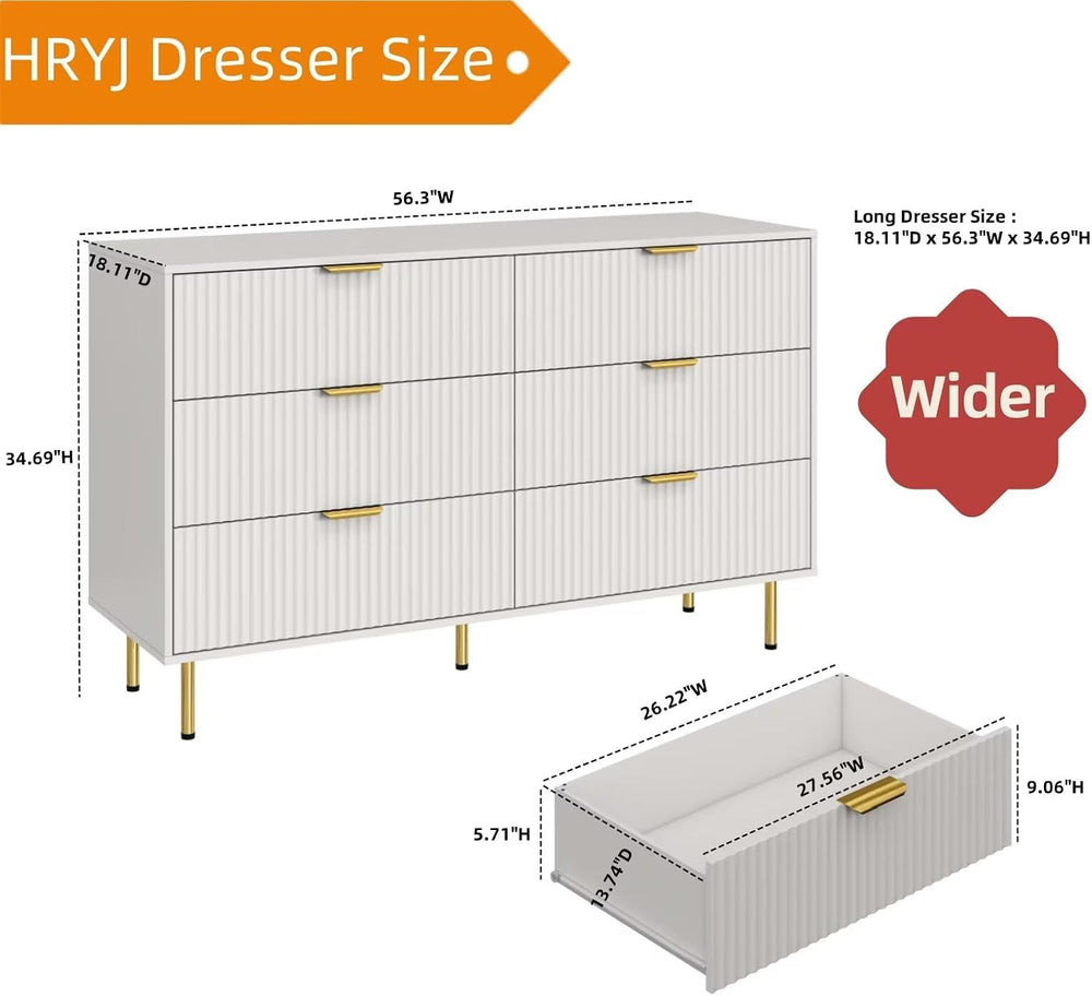 56" Wide Modern White Fluted 6 Drawers Dresser for Bedroom with Gold Handle
