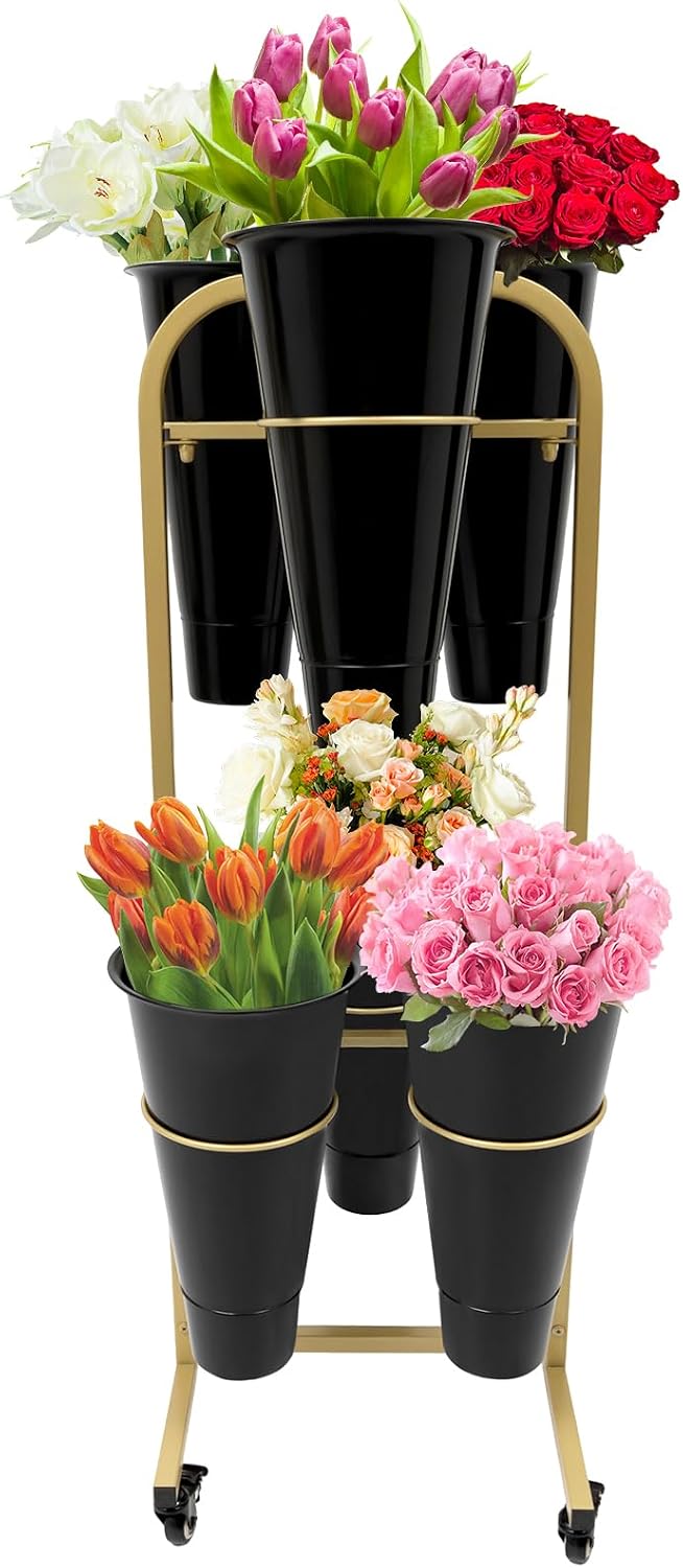 Flower Display Stand with 6 Pieces Bucket, Metal Plant Stand, Heavy Duty Movi...