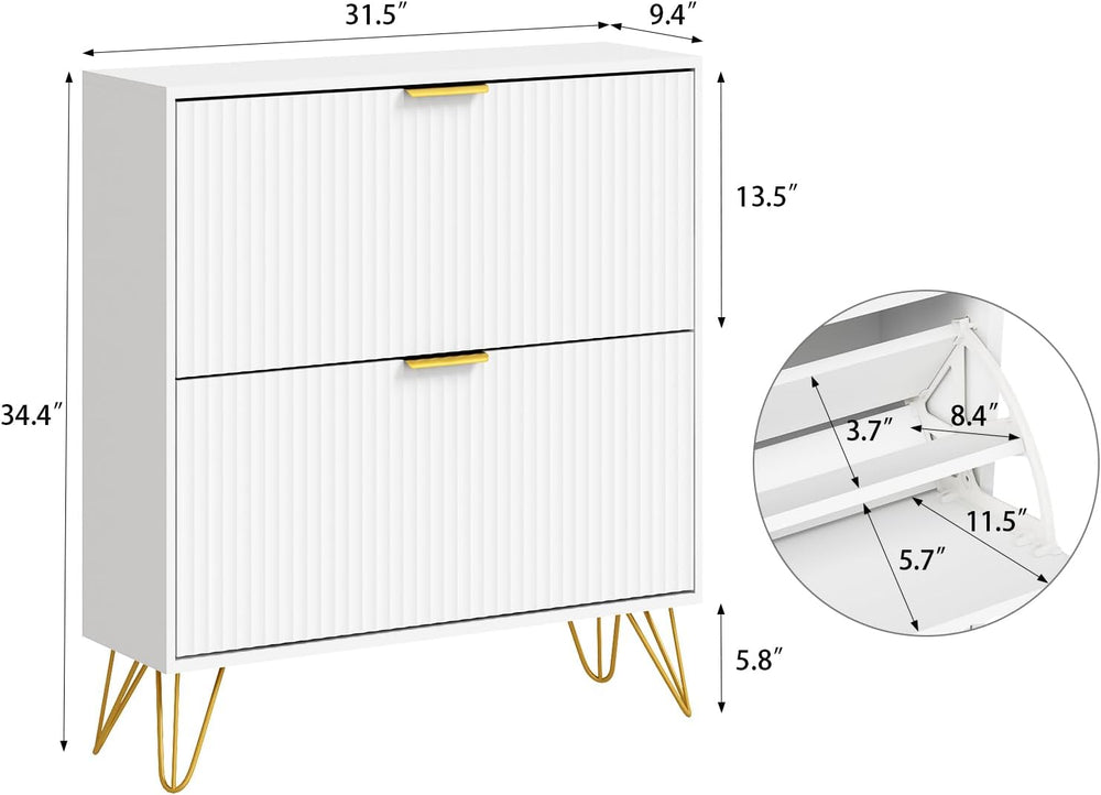 Fluted Shoe Cabinet with 2 Flip Drawers, Gold Handle and Metal Legs, White丨Fl...