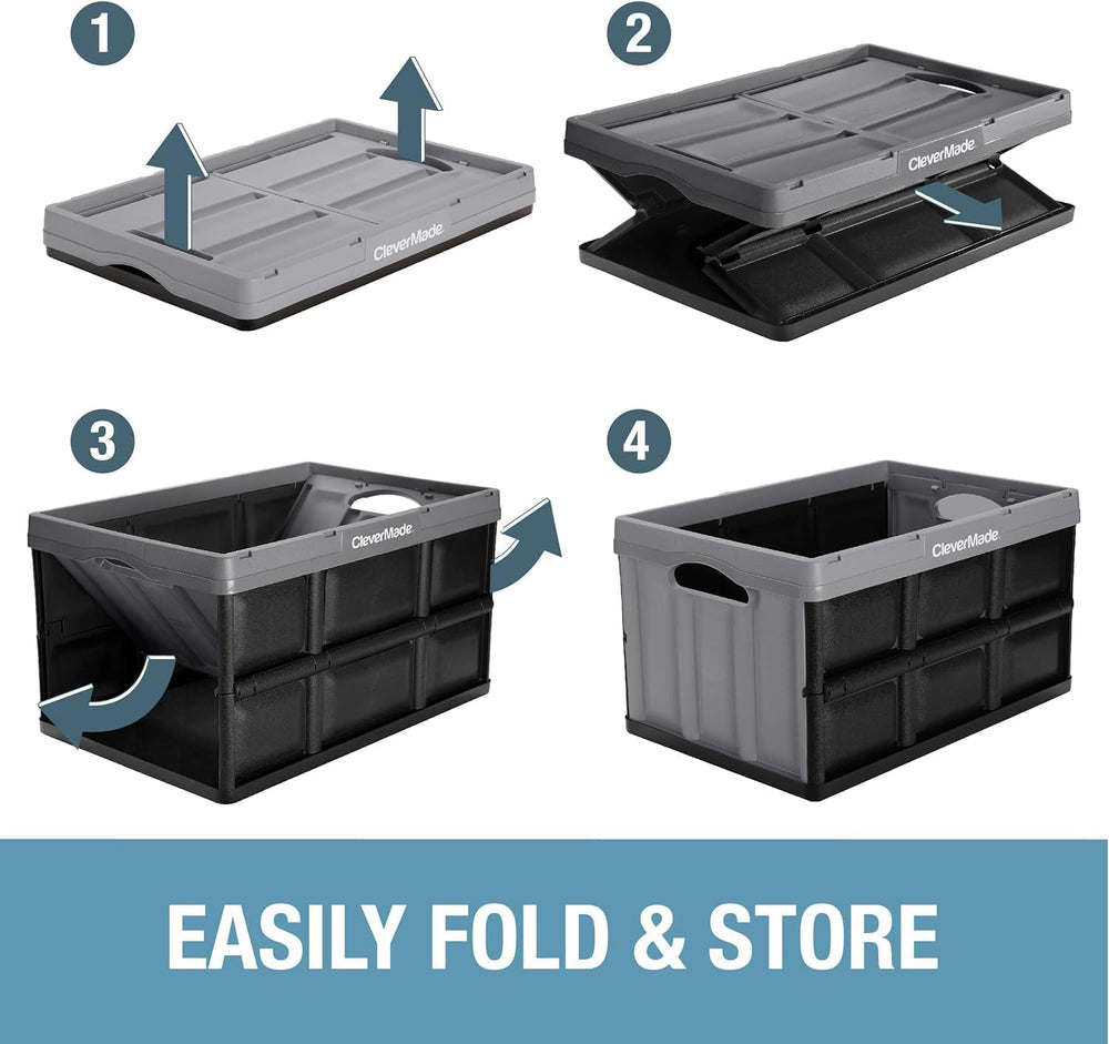 CleverMade Collapsible Storage Bins, 32L 3 Pack, 66 lb Stackable, Obsidian