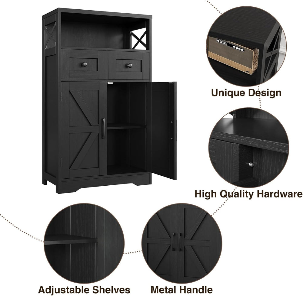 Black Farmhouse Storage Cabinet with Doors and Drawers, Small Pantry Hutch