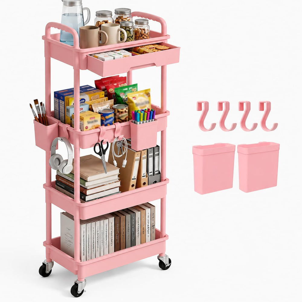 4 Tier Rolling Storage Cart with Drawer, Utility Carts with Wheels