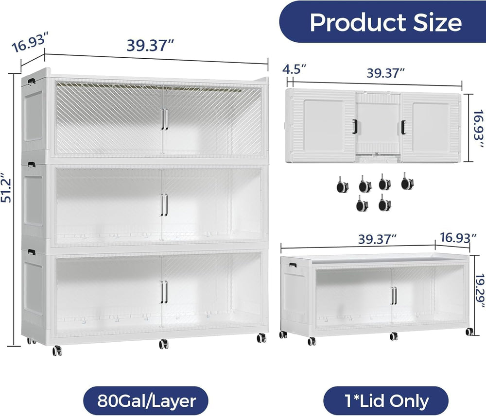 720QT Storage Bins with Lid, 240Gal 3-Tier Extra Large Stackable Closet Organ...