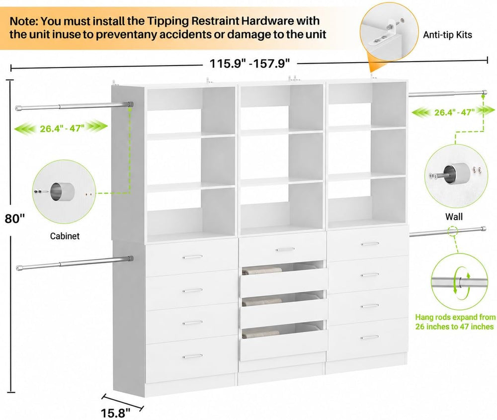 Aheaplus Closet System with 12 Drawers, 8.5-11.5Ft Closet Organizer System