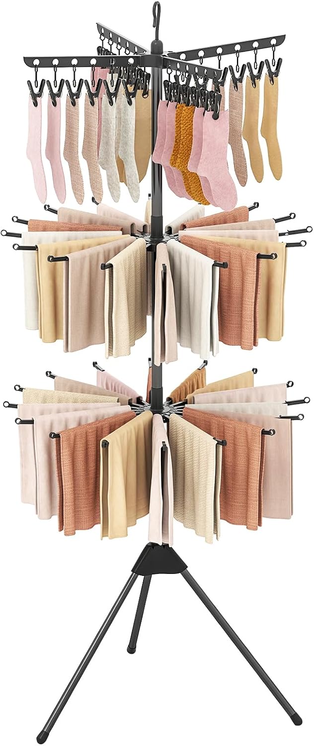 GIANTEX 70" Tripod Clothes Drying Rack w/24 Clips & 32 Rods, 360° Ro...