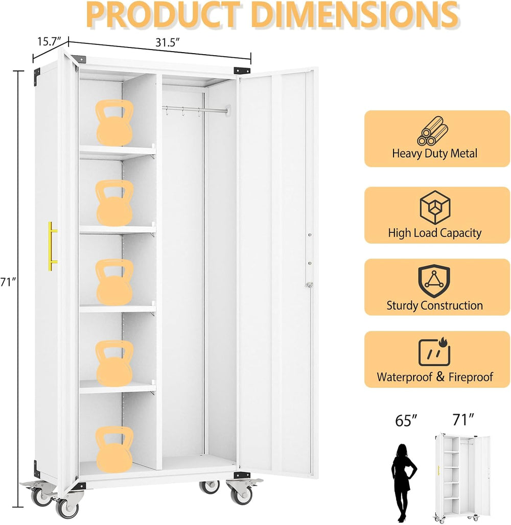 pozdeg 71" Rolling Lockable Metal Broom Closet Storage Cabinet, Grey White