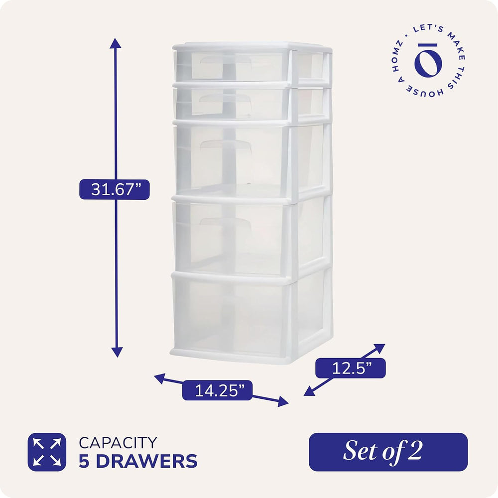HOMZ 2-Pack Drawer Tower, 5-Tier Clear Plastic Storage Organizer Unit, White ...