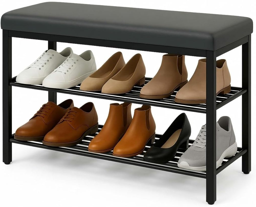 USTECH Shoe Storage Bench with 3 Tier Standing Shelf and Comfortable Seat | P...