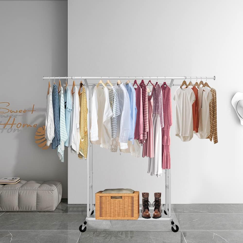 White 60" H Heavy Duty Double Rod Rolling Garment Clothes Rack