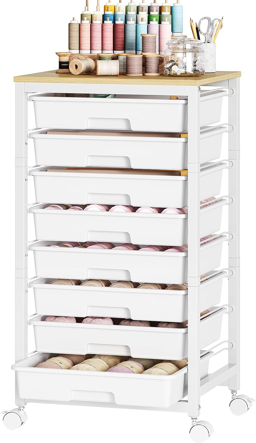 SYKIARIOL Rolling Cart with 8 Drawers,White