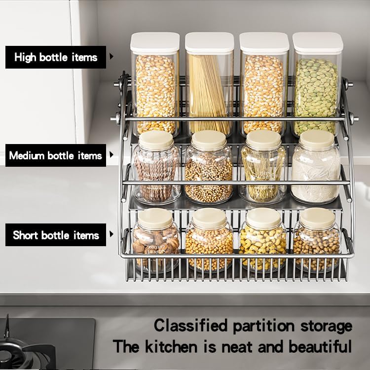 3-Tier Pull Down Spice Rack Organizer for Inside Cabinet Pantry Expandable Di...