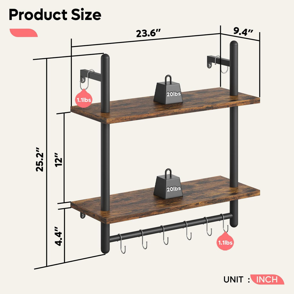 Bestier 24" 2 Tier Industrial Pipe Wall Shelf with 8 Hooks, Rustic Brown