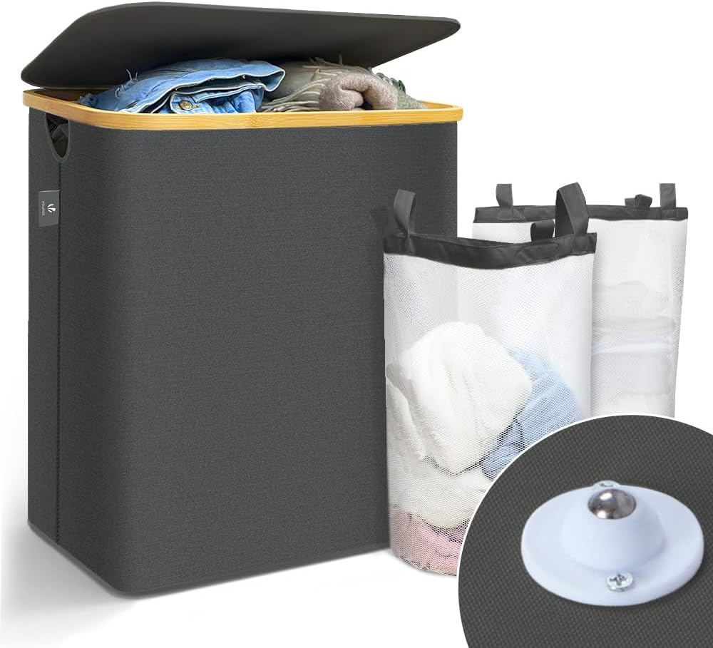 VOUNOT Foldable Laundry Basket 145L with Lid Handles, Collapsible Linen Baske...
