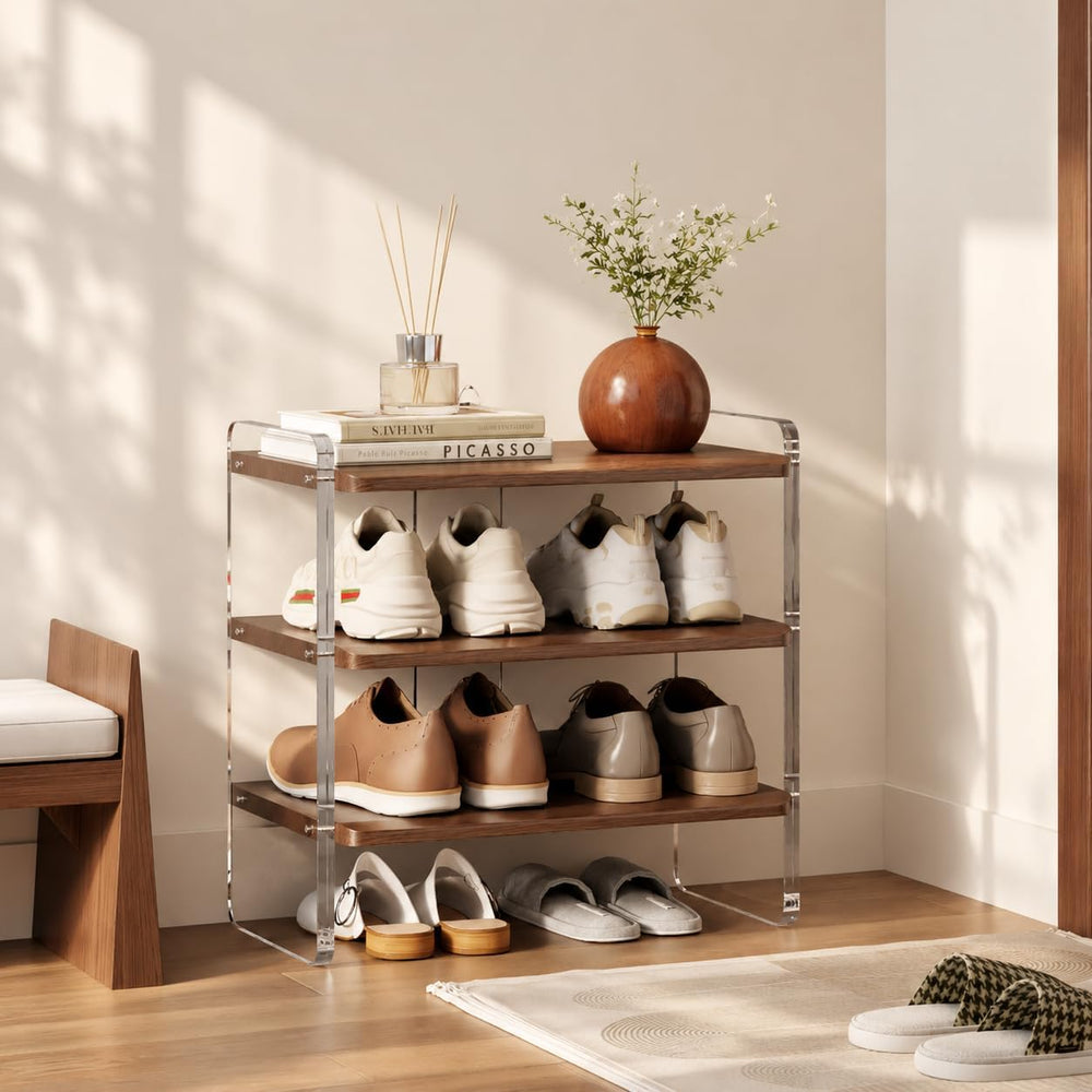 3-Tier Shoe Rack, Wood Acrylic Shoe Shelf, Walnut, 19.5" W