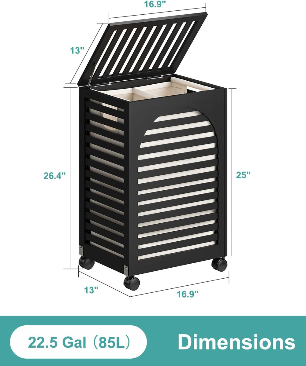 Black Laundry Hamper with Wheels, Laundry Basket with Lid, 22.5 Gallon (85L) ...