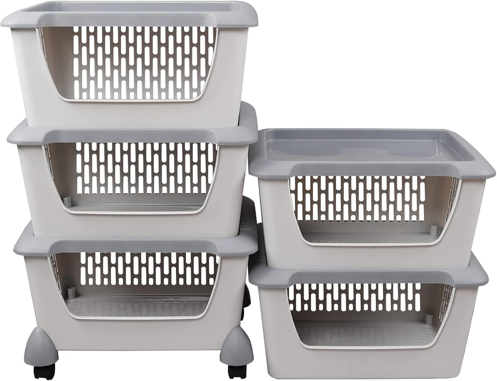 5 Tier Large Plastic Storage Stacking Basket/Bin on Wheels, Grey