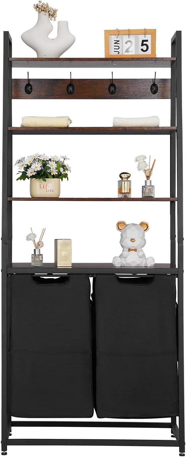 VEVOR 4 Tiers Laundry Sorter, Tall Laundry Hamper with Shelves and Hooks, 2 Section Freestanding Basket Organizer Storage with 600D Oxford Cloth Bags and Ladder Shelves for Dirty Clothes, Bathroom